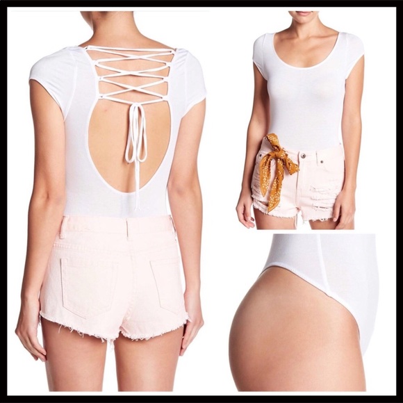 FREE PEOPLE WHITE LACEUP BACK CUTOUT BODYSUIT A3C - Picture 2 of 8